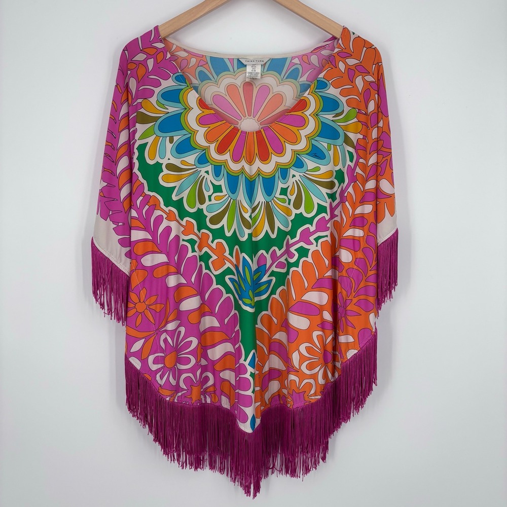 Trina Turk Psychedelic Floral Fringe Poncho Top Women S Multi Color Boho Mod